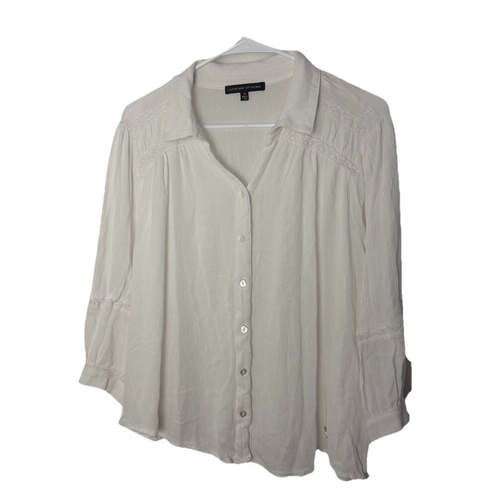Adrienne Vittadini Blouse Top Womens 1X White Button Front 3/4 Sleeve Lace